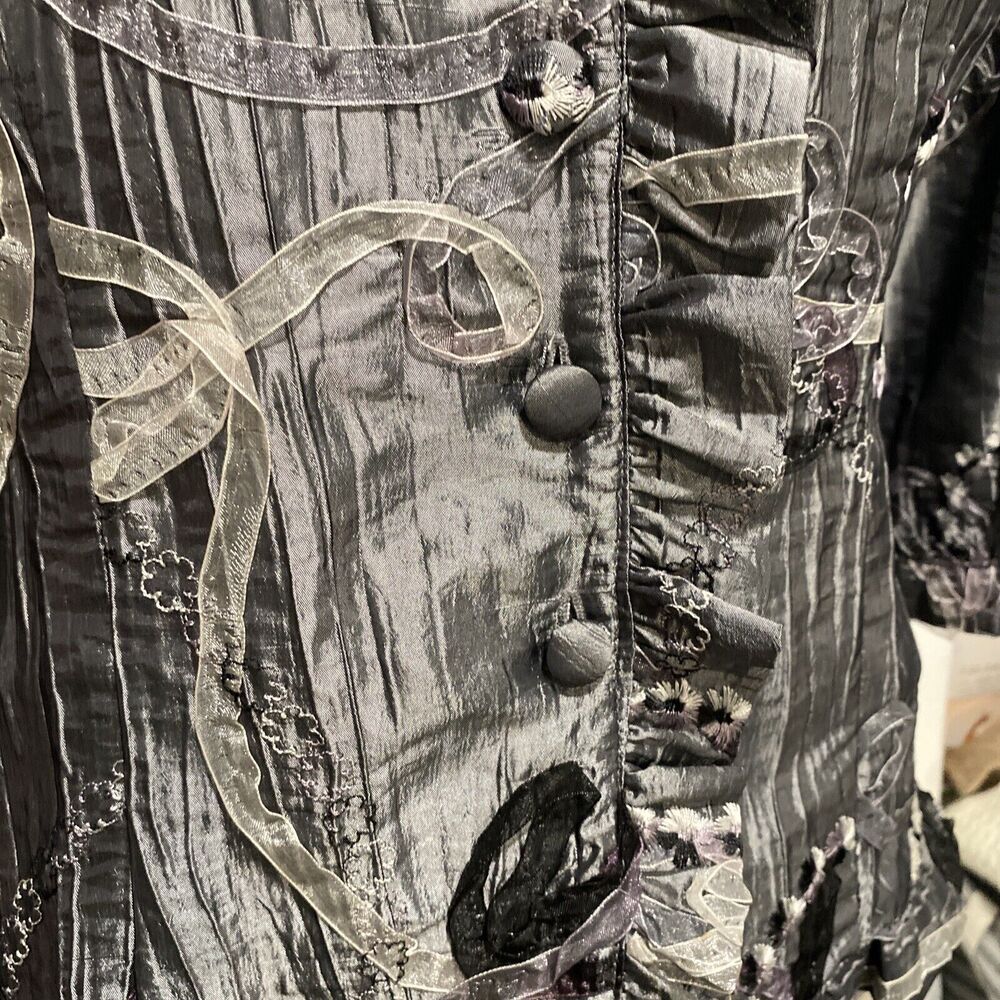 Unique Agora Crinkle Ribbon Detailed Artsy Graphite Evening Jacket Women's Large - Picture 2 of 11